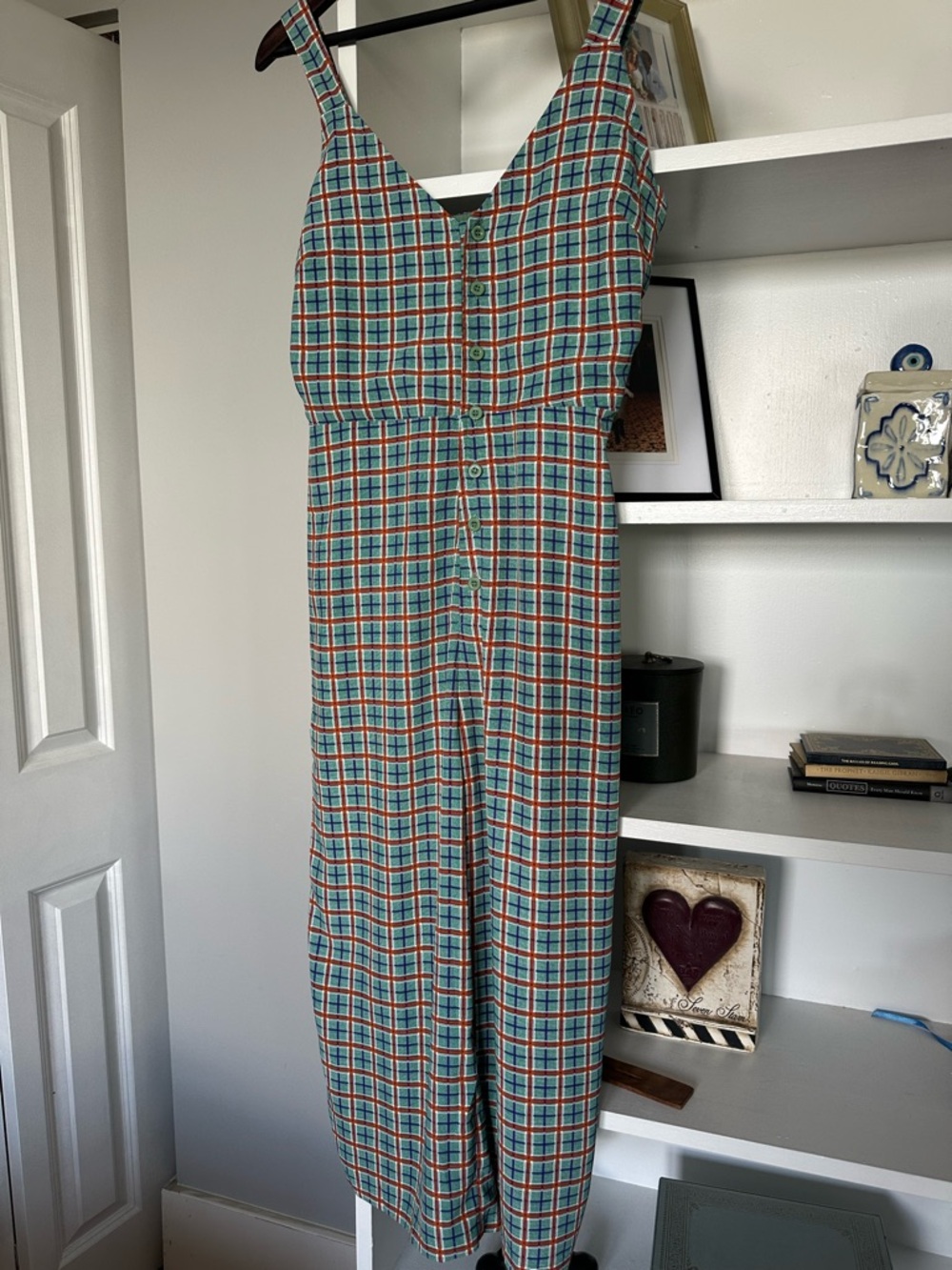 Adorable  Teal and Rust Plaid Wide-Leg Jumpsuit